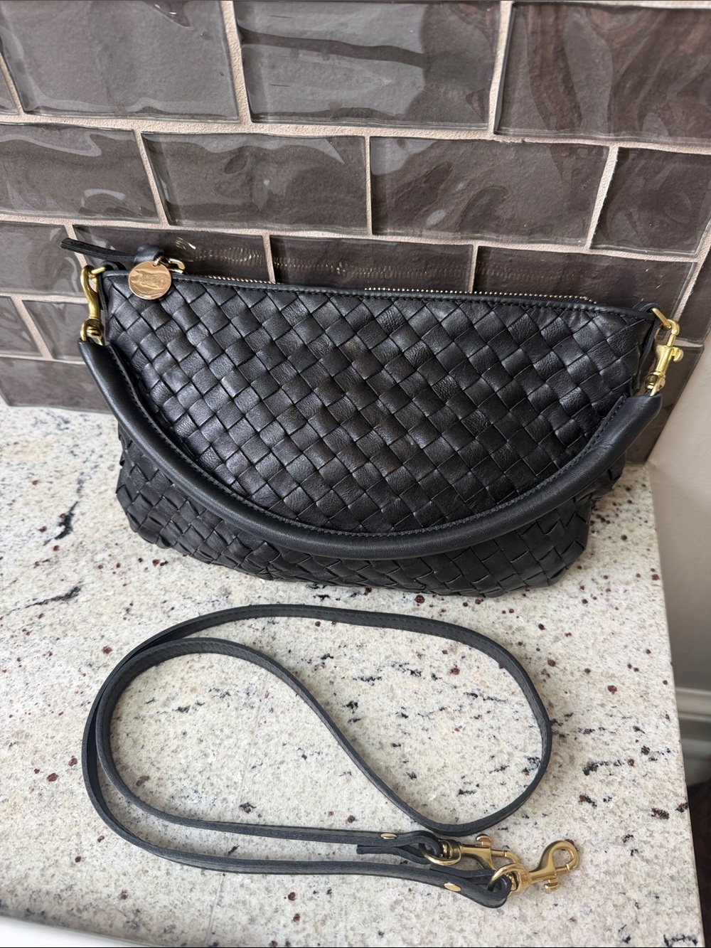 Clare V Petit Moyen Black Woven Leather Crossbody with Gold Hardware